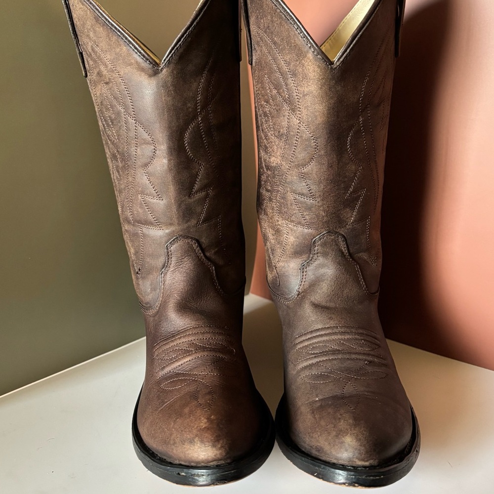 OLD WEST Western Cowboy Boots, brown leather, kid’s size 3.5 US, EU 35